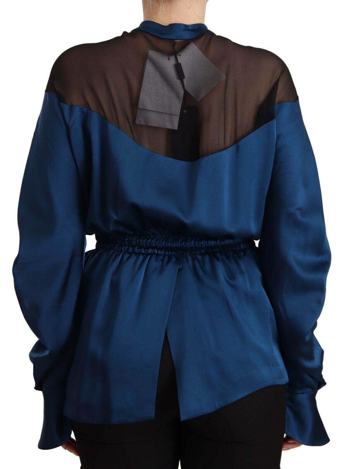 Masha Ma Blue Silk Long Sleeves Elastic Waist Top Blouse - Hilstor