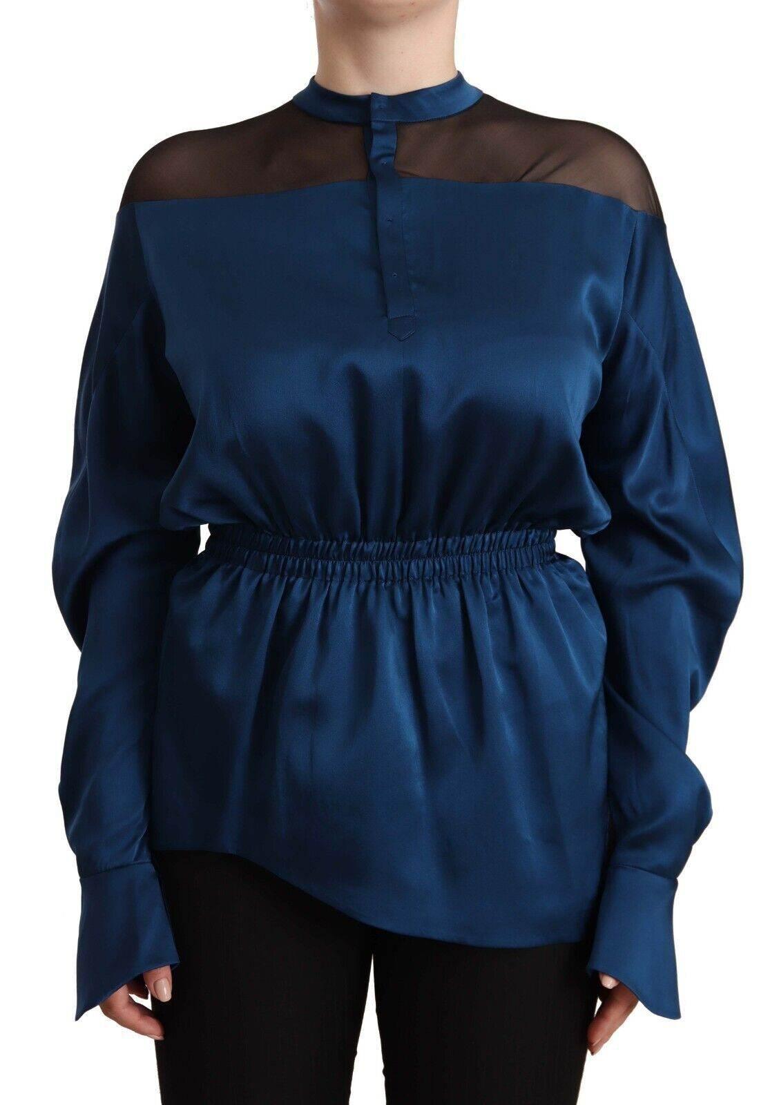 Masha Ma Blue Silk Long Sleeves Elastic Waist Top Blouse - Hilstor