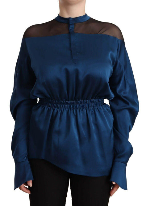 Masha Ma Blue Silk Long Sleeves Elastic Waist Top Blouse - Hilstor
