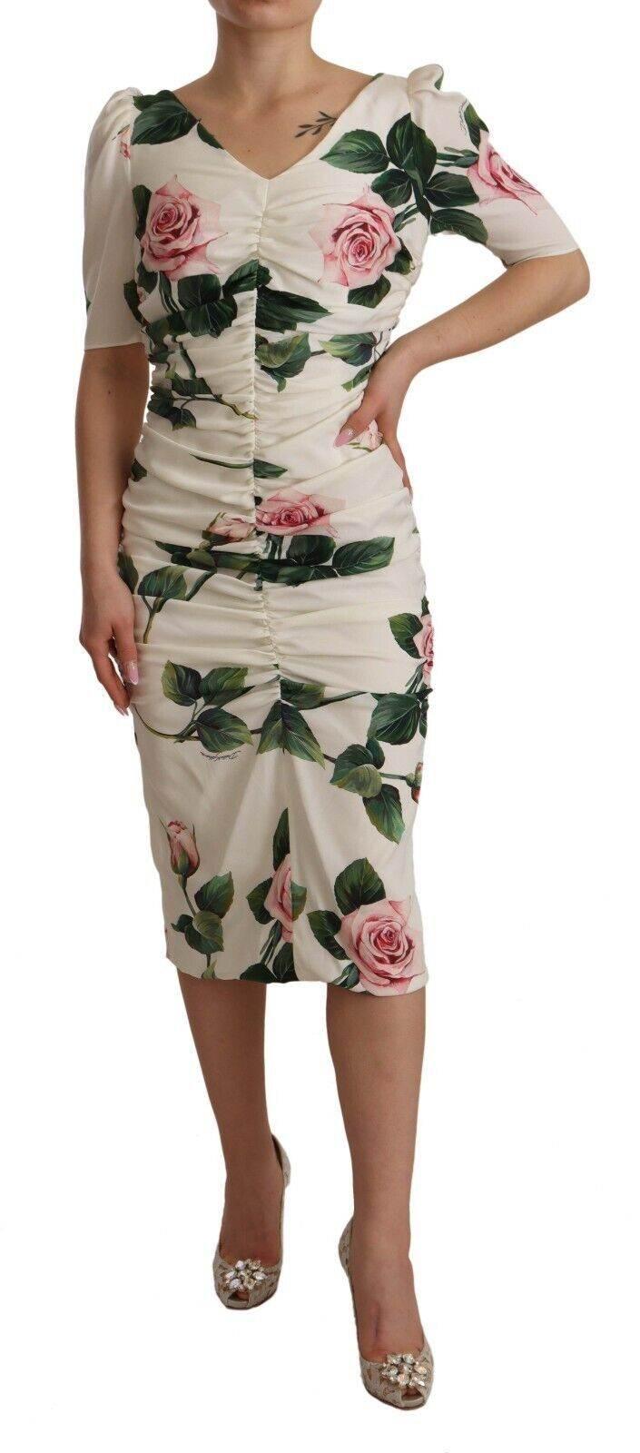 Dolce & Gabbana White Roses Print Stretch Silk Pleated Dress - Hilstor