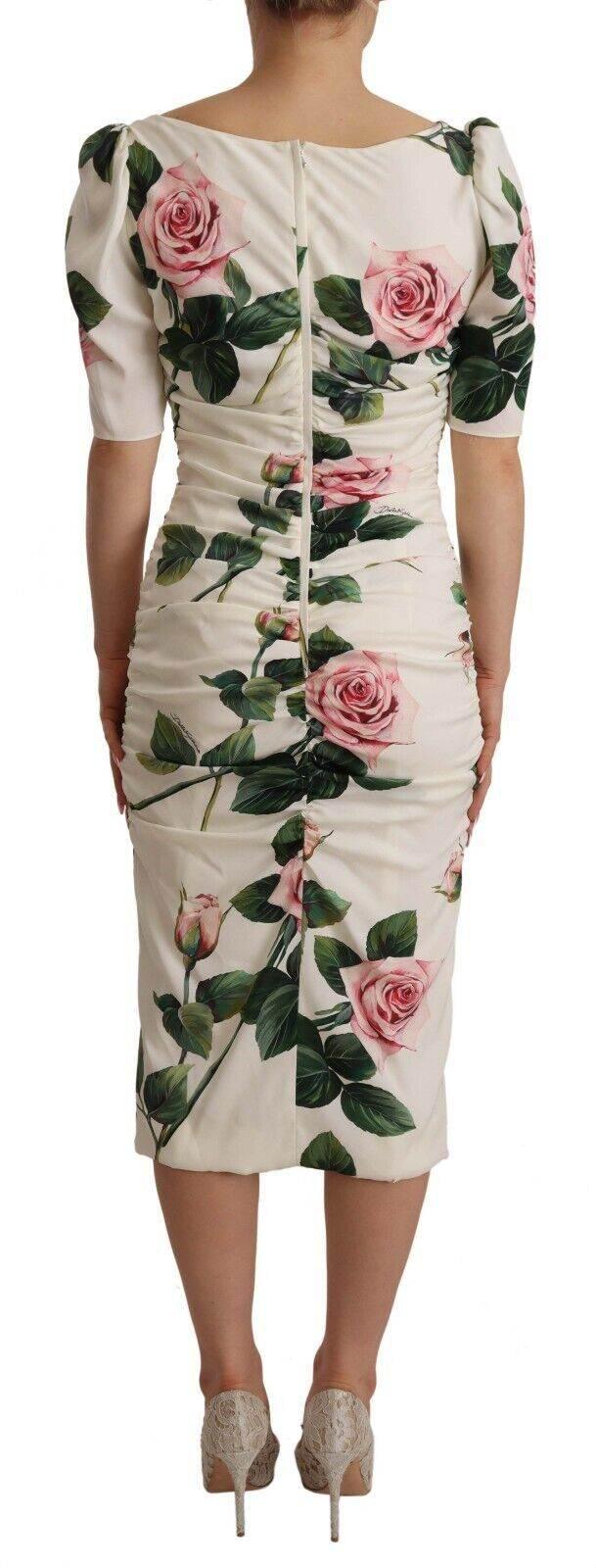 Dolce & Gabbana White Roses Print Stretch Silk Pleated Dress - Hilstor