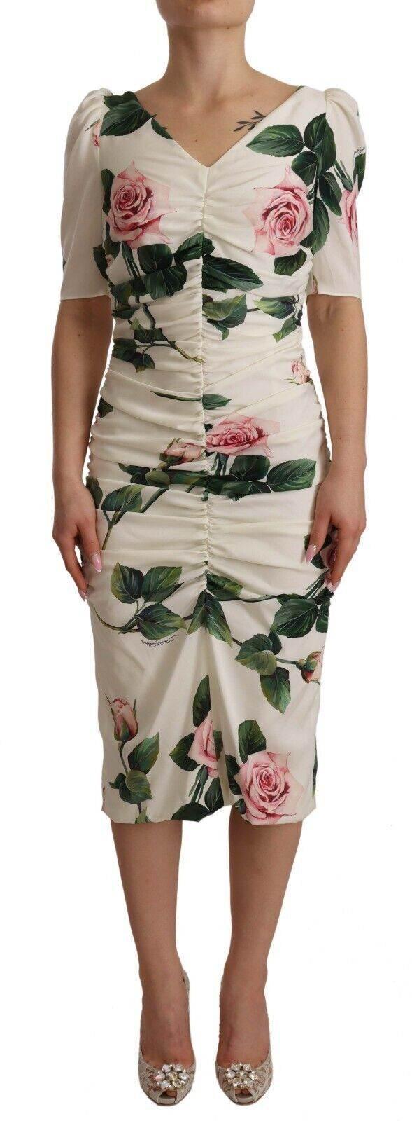 Dolce & Gabbana White Roses Print Stretch Silk Pleated Dress - Hilstor