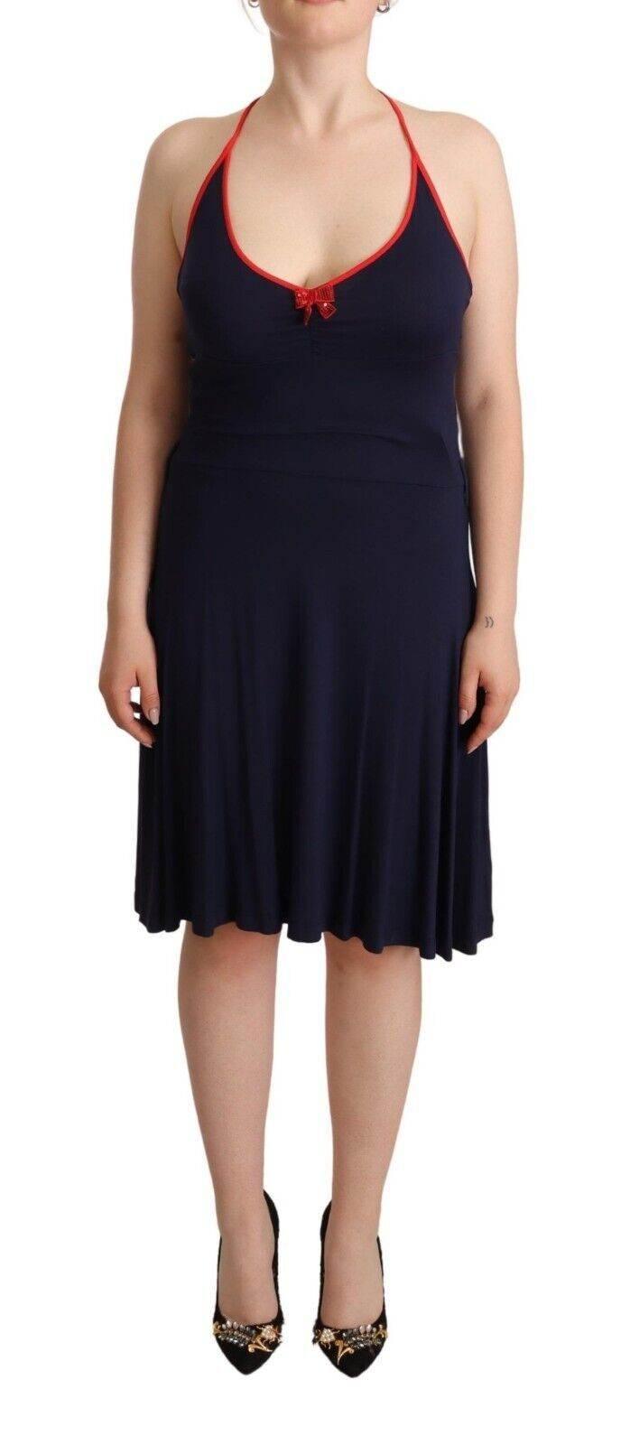Roccobarocco Navy Blue Sleeveless Halter Sheath Midi Dress - Hilstor