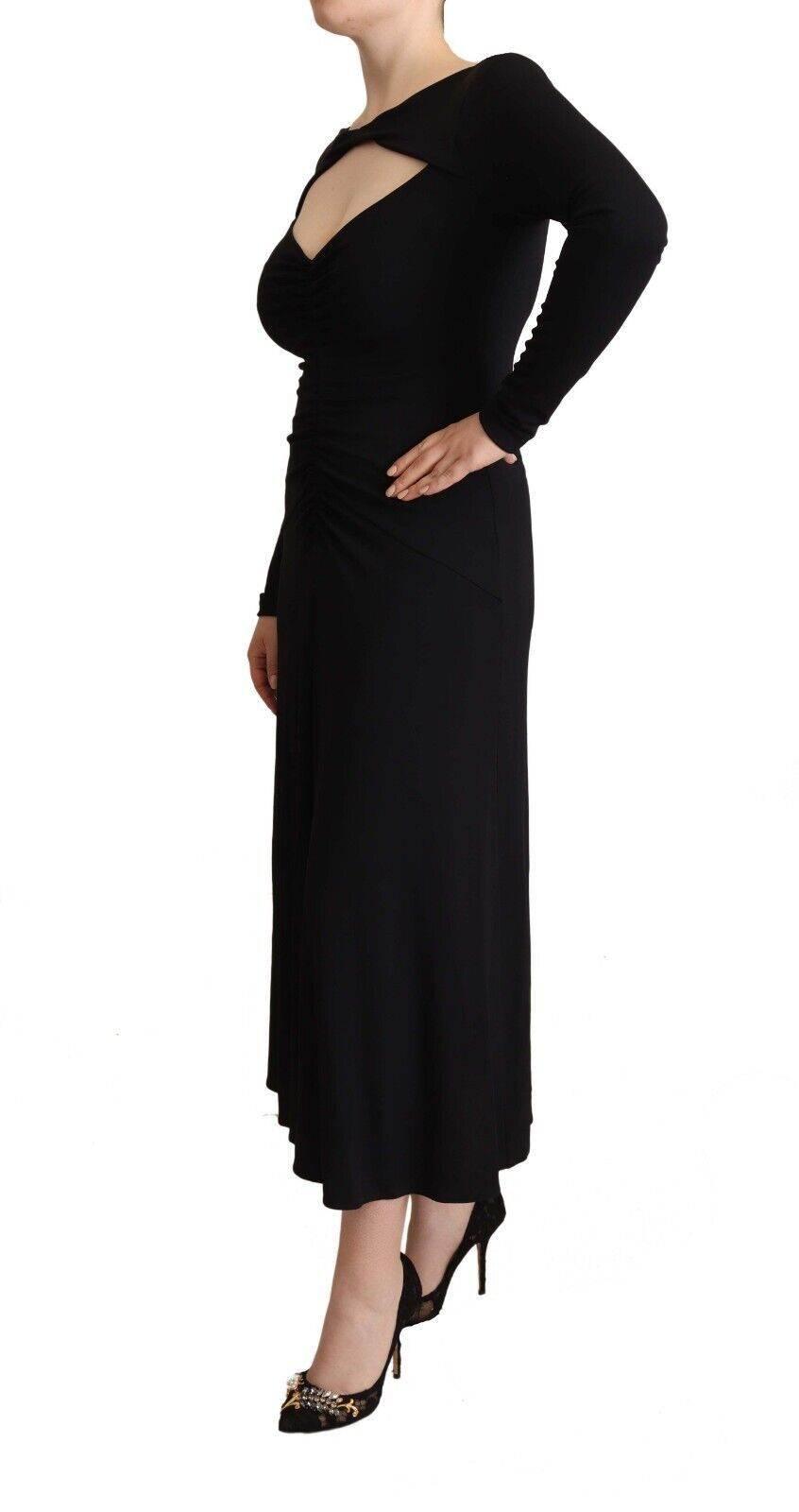 PINKO Black Nylon Stretch Long Sleeves Deep V-neck Maxi Dress - Hilstor