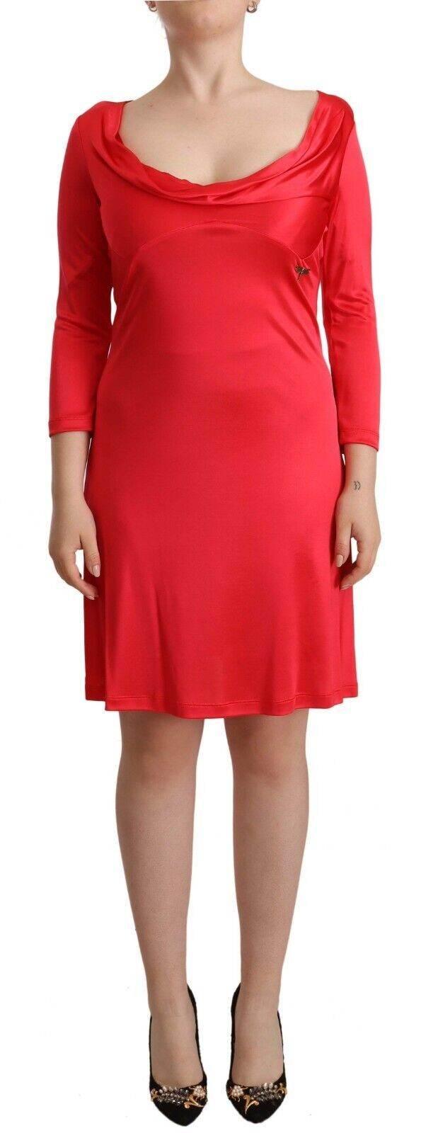 John Galliano Red Viscose 3/4 Sleeves Deep Round Neck Sheath Dress - Hilstor