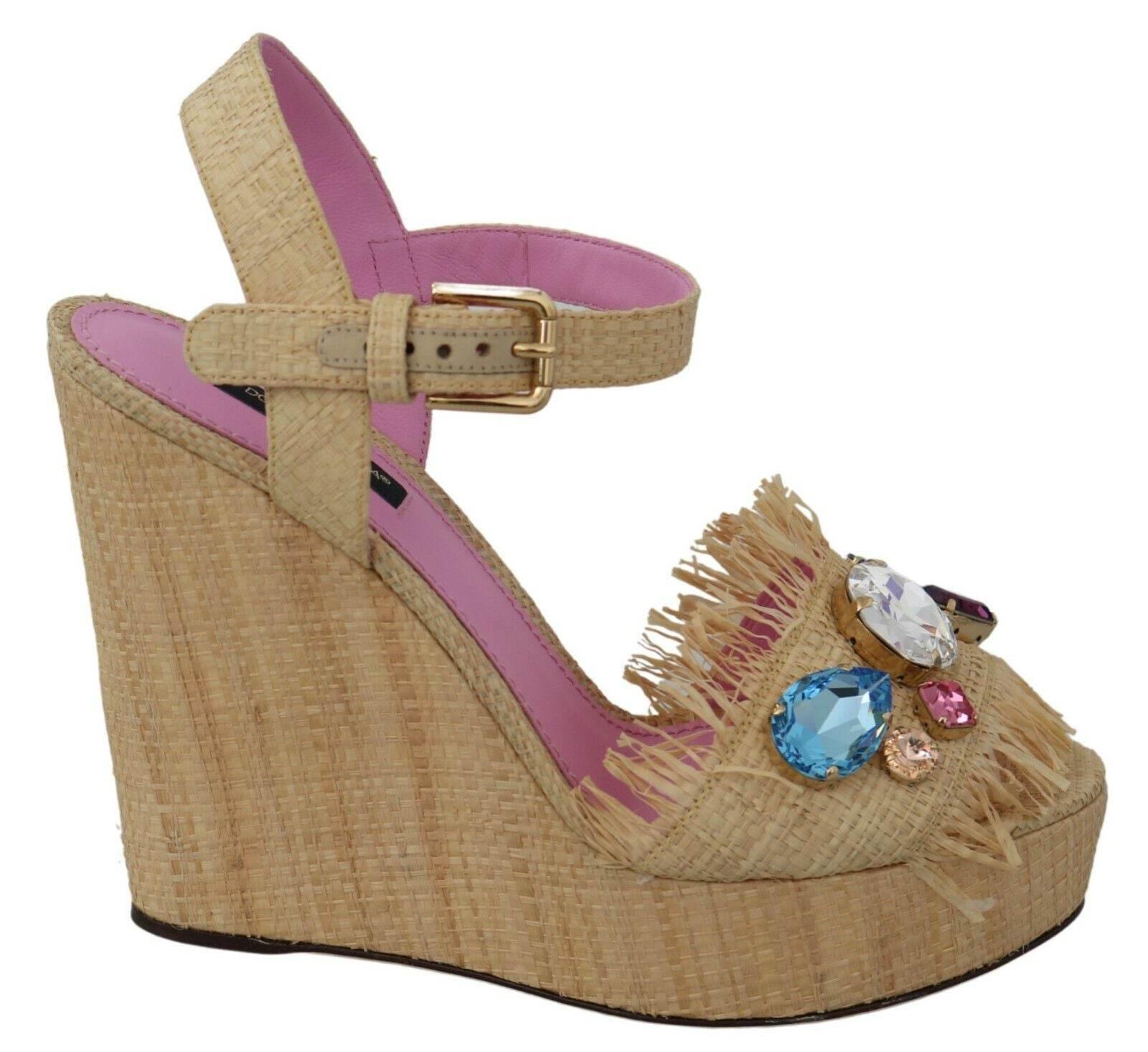 Dolce & Gabbana Beige Rhinestones Wedge Heel Sandals Shoes - Hilstor
