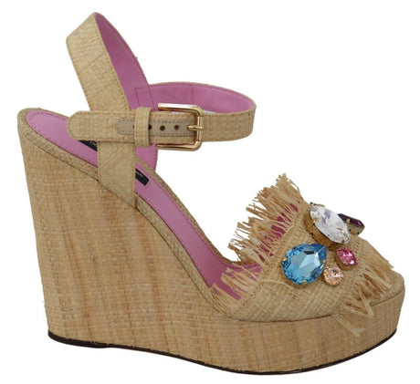 Dolce & Gabbana Beige Rhinestones Wedge Heel Sandals Shoes - Hilstor