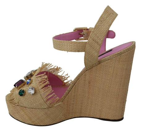 Dolce & Gabbana Beige Rhinestones Wedge Heel Sandals Shoes - Hilstor