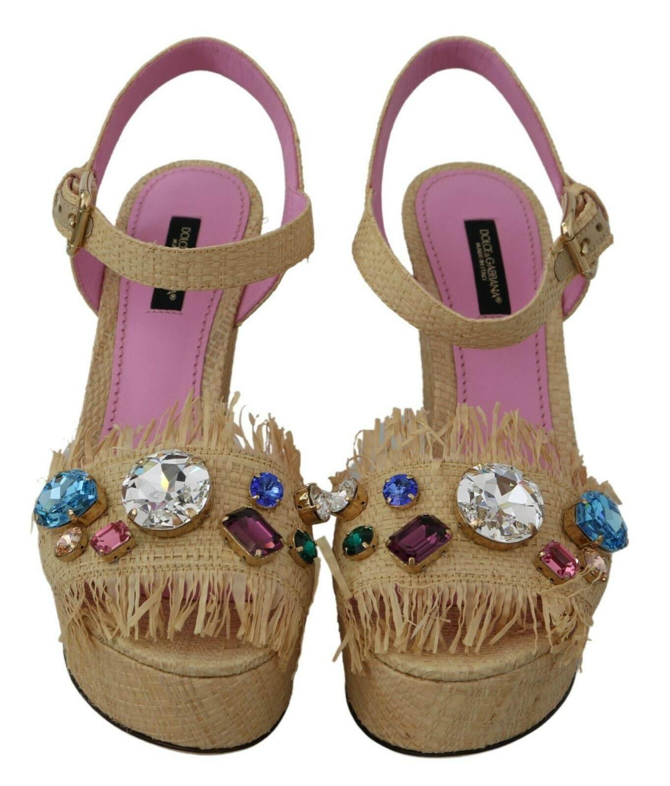 Dolce & Gabbana Beige Rhinestones Wedge Heel Sandals Shoes - Hilstor