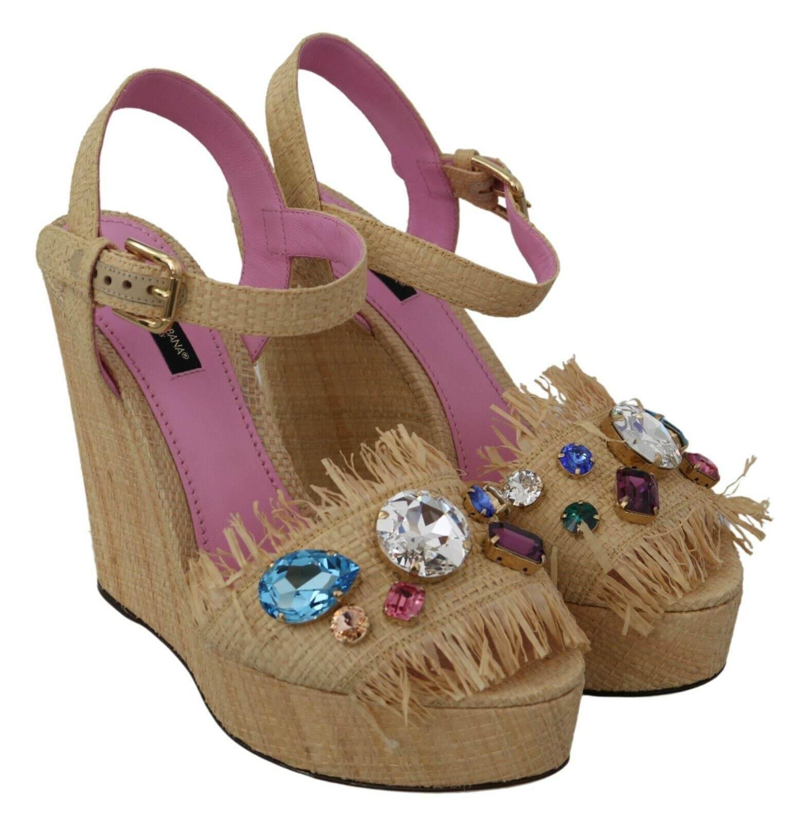 Dolce & Gabbana Beige Rhinestones Wedge Heel Sandals Shoes - Hilstor