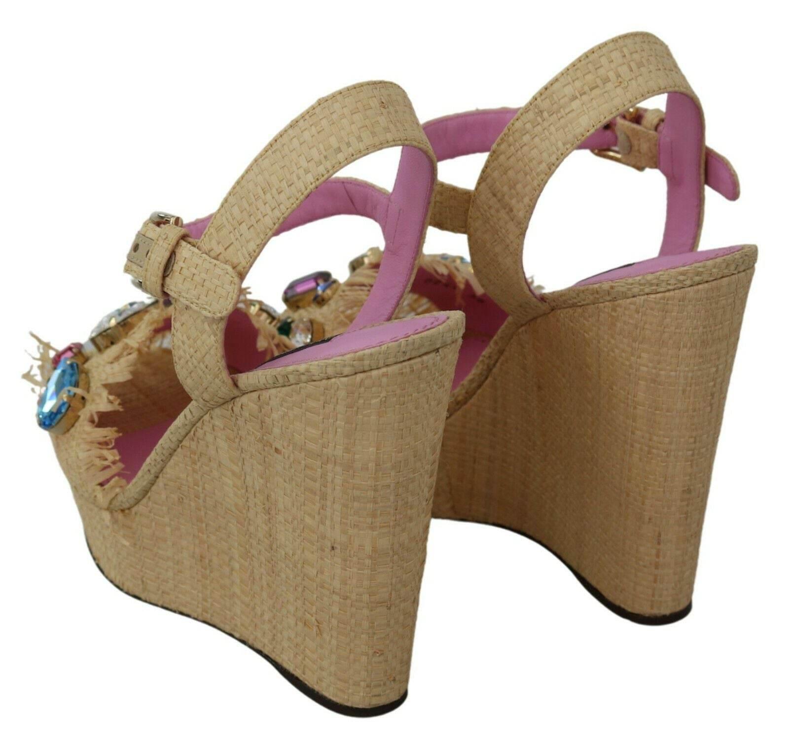 Dolce & Gabbana Beige Rhinestones Wedge Heel Sandals Shoes - Hilstor