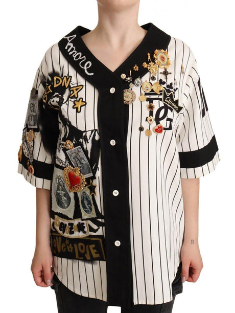 Dolce & Gabbana Elegant Striped V-Neck Blouse with Charms - Hilstor