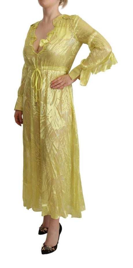 Patrizia Pepe Yellow Silk Long Sleeves Plunging Maxi Dress - Hilstor