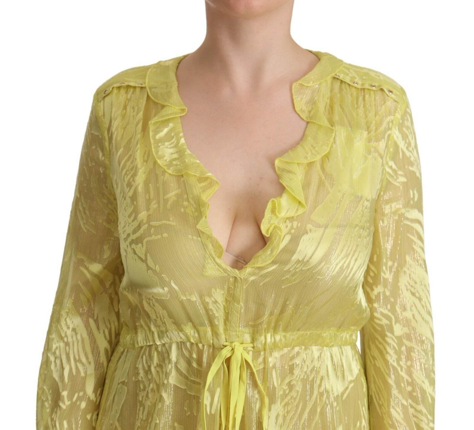 Patrizia Pepe Yellow Silk Long Sleeves Plunging Maxi Dress - Hilstor