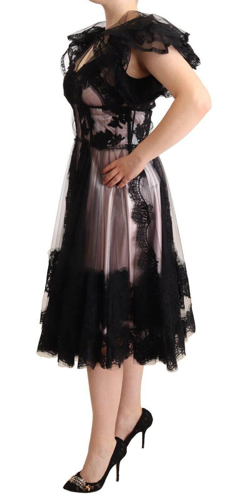 Dolce & Gabbana Black Pink Floral Lace A-line Midi Sheer Dress - Hilstor