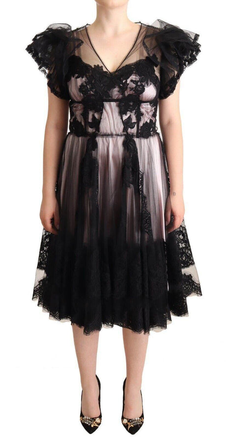 Dolce & Gabbana Black Pink Floral Lace A-line Midi Sheer Dress - Hilstor