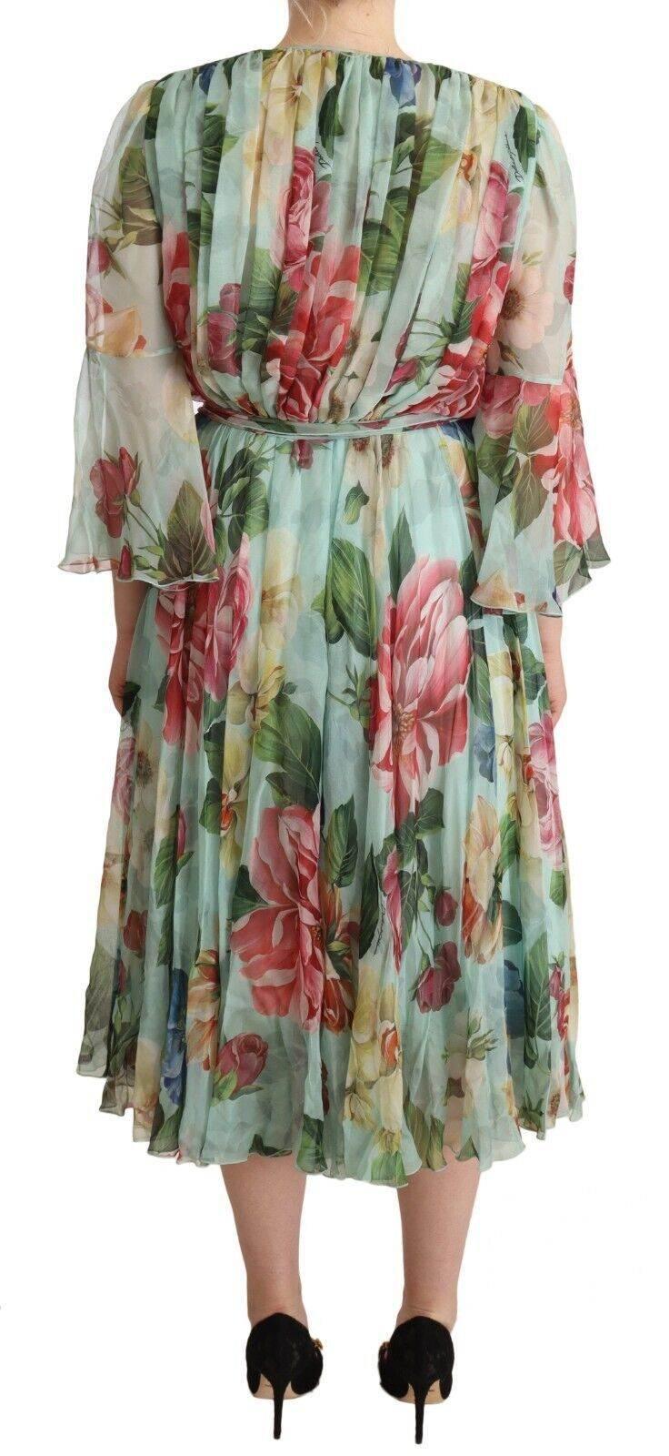 Dolce & Gabbana Elegant Floral Green Midi Silk Dress - Hilstor