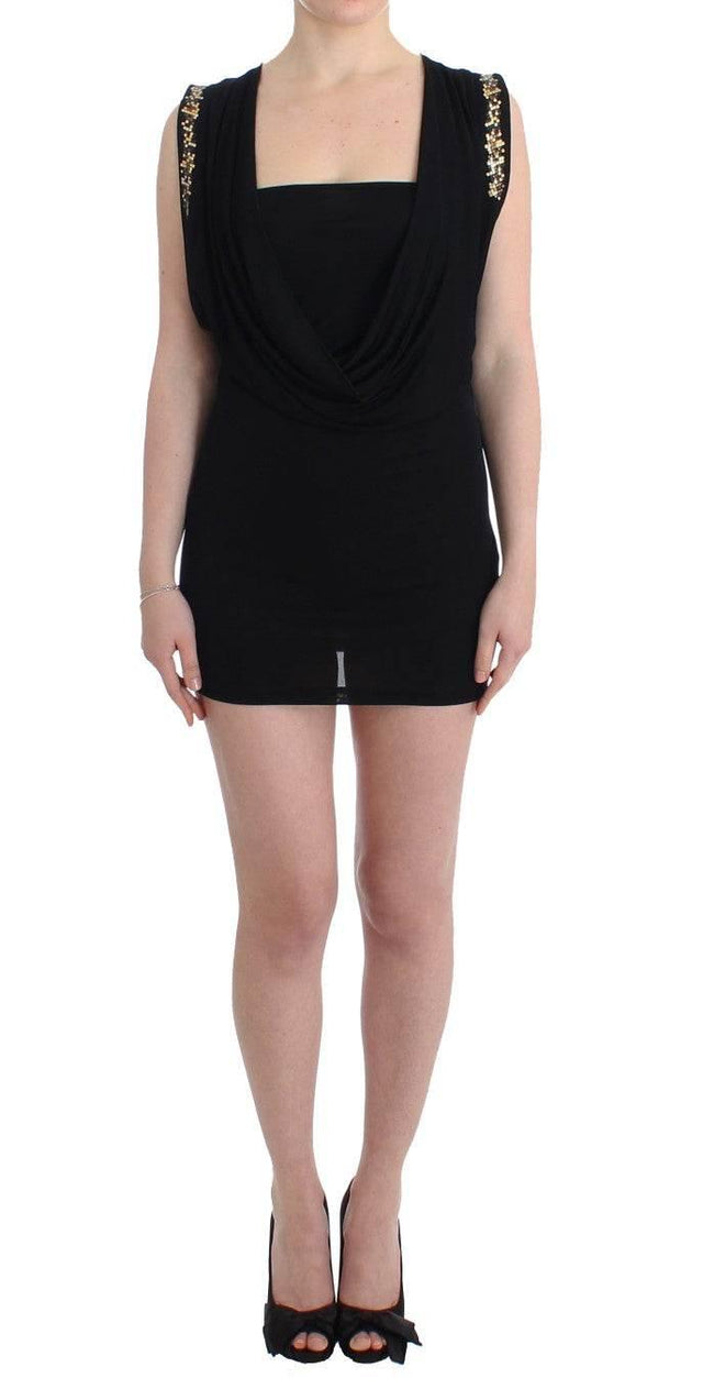 Roccobarocco Elegant Sleeveless Black Mini Dress with Gold Details - Hilstor