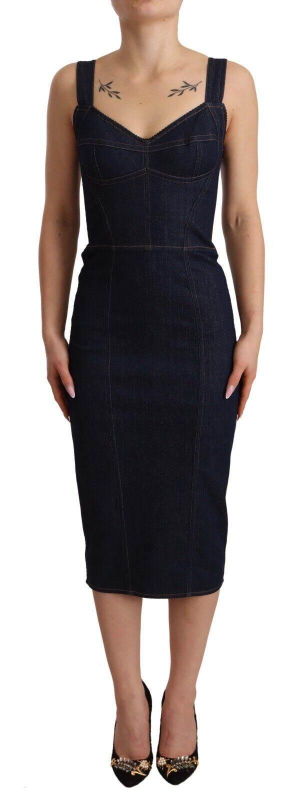 Dolce & Gabbana Dark Blue Cotton Denim Sheath Midi Dress - Hilstor