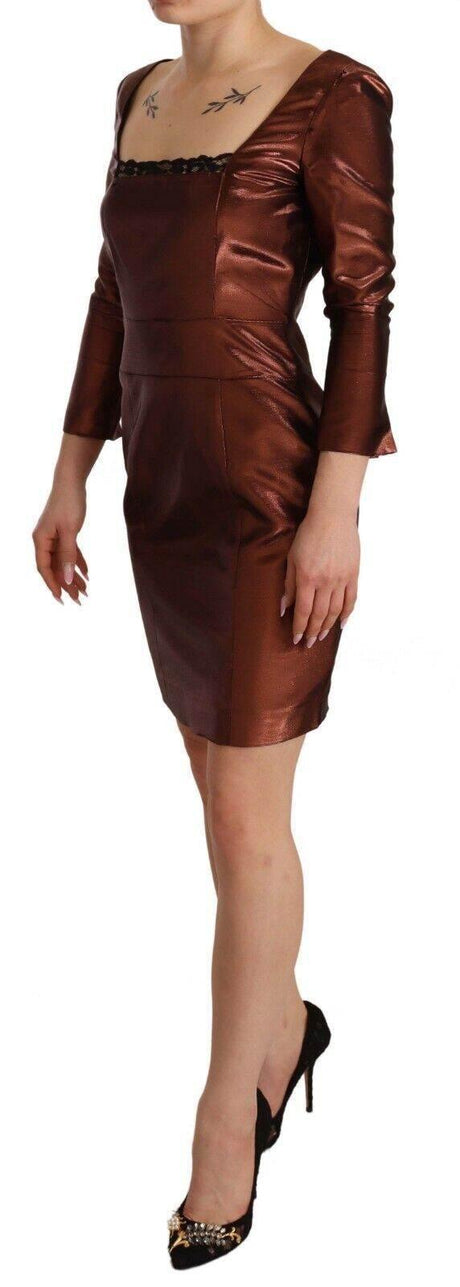 GF Ferre Metallic Brown Long Sleeves Square Neck Sheath Dress - Hilstor