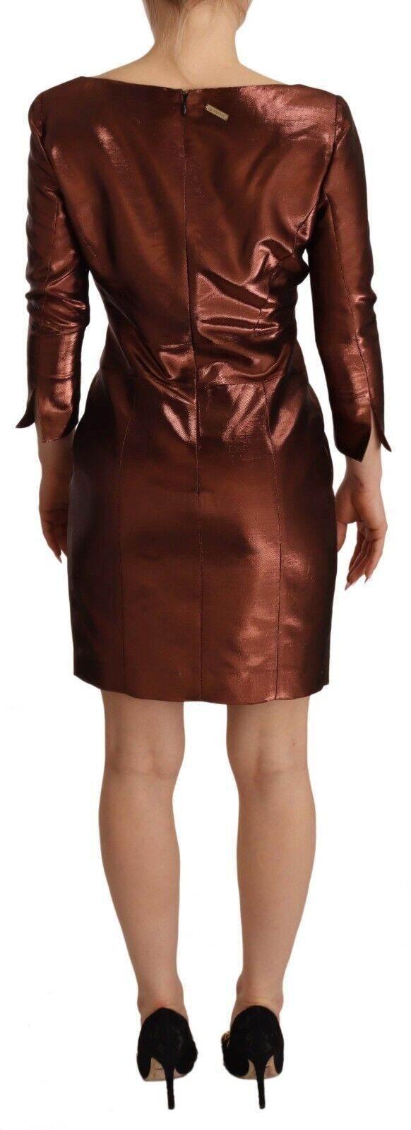 GF Ferre Metallic Brown Long Sleeves Square Neck Sheath Dress - Hilstor
