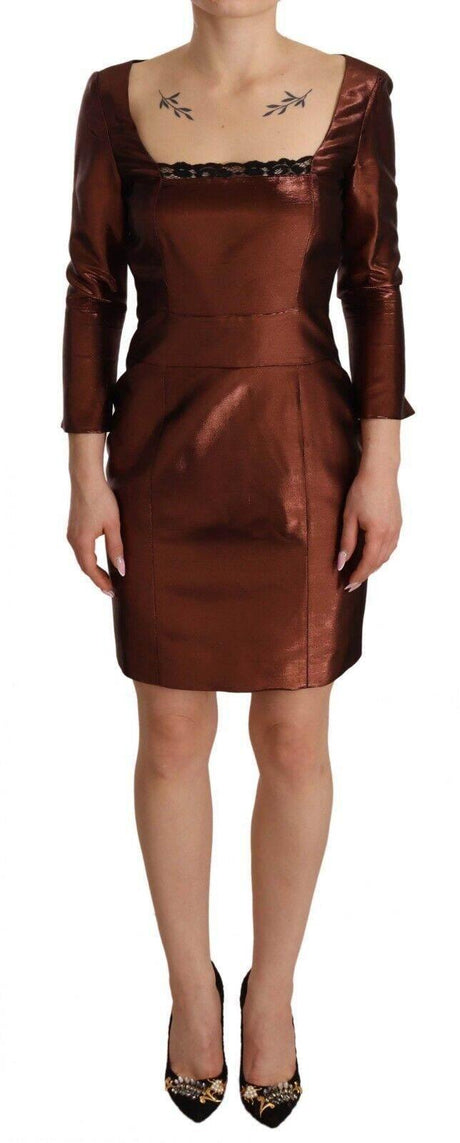 GF Ferre Metallic Brown Long Sleeves Square Neck Sheath Dress - Hilstor
