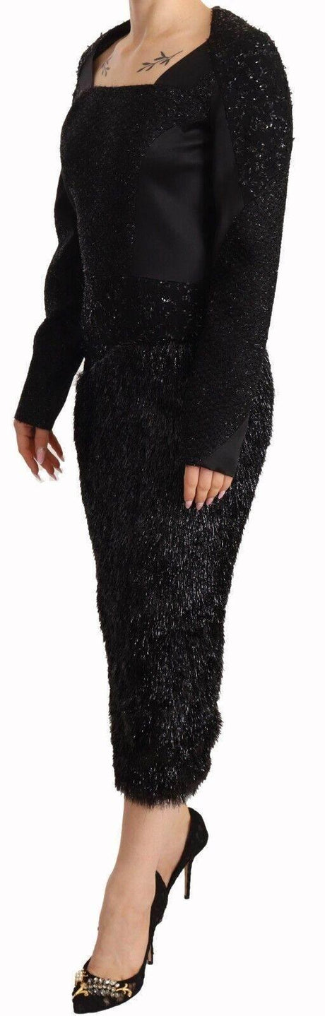 Masha Ma Black Studs Embellished Long Sleeves Sheath Midi Dress - Hilstor