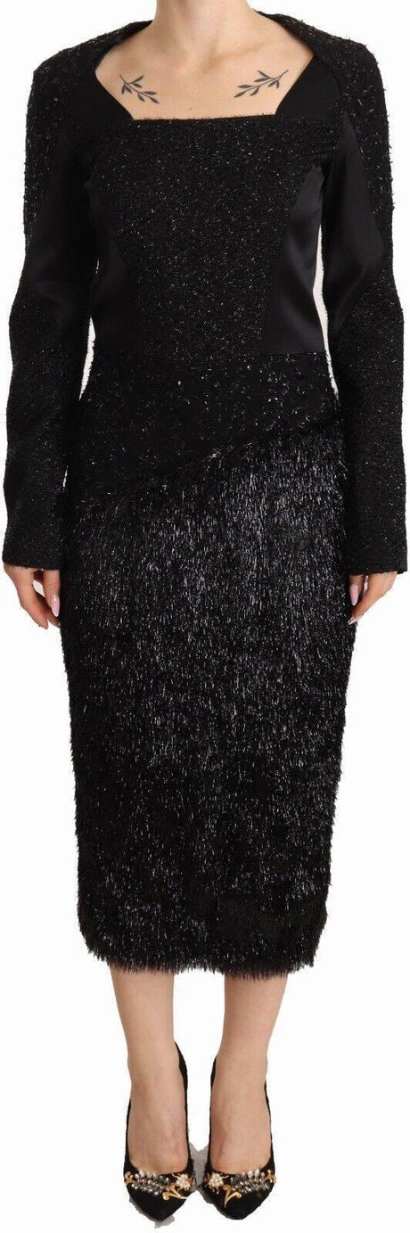 Masha Ma Black Studs Embellished Long Sleeves Sheath Midi Dress - Hilstor