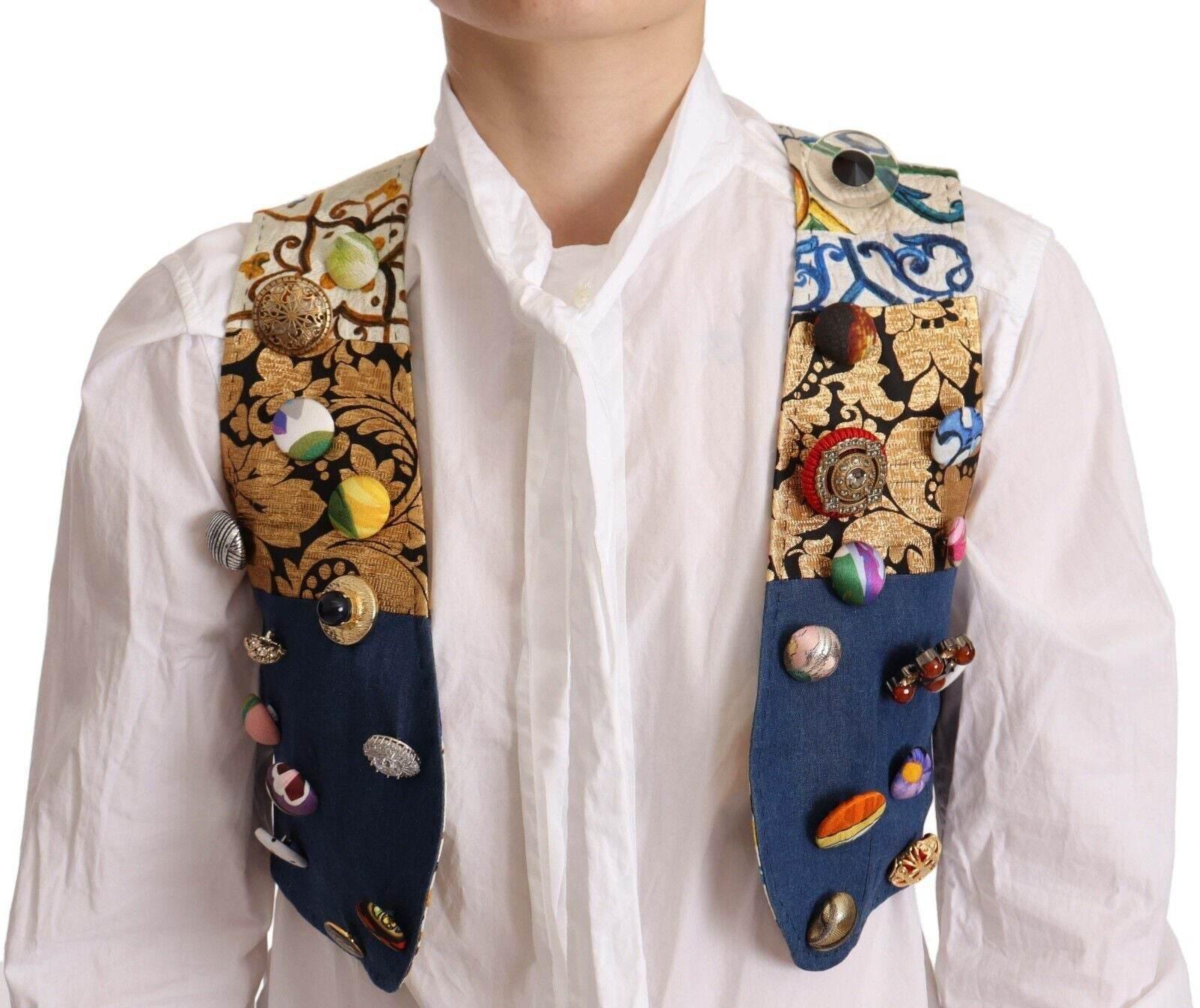 Dolce & Gabbana Multicolor Embellished Waist Coat Cotton Top - Hilstor