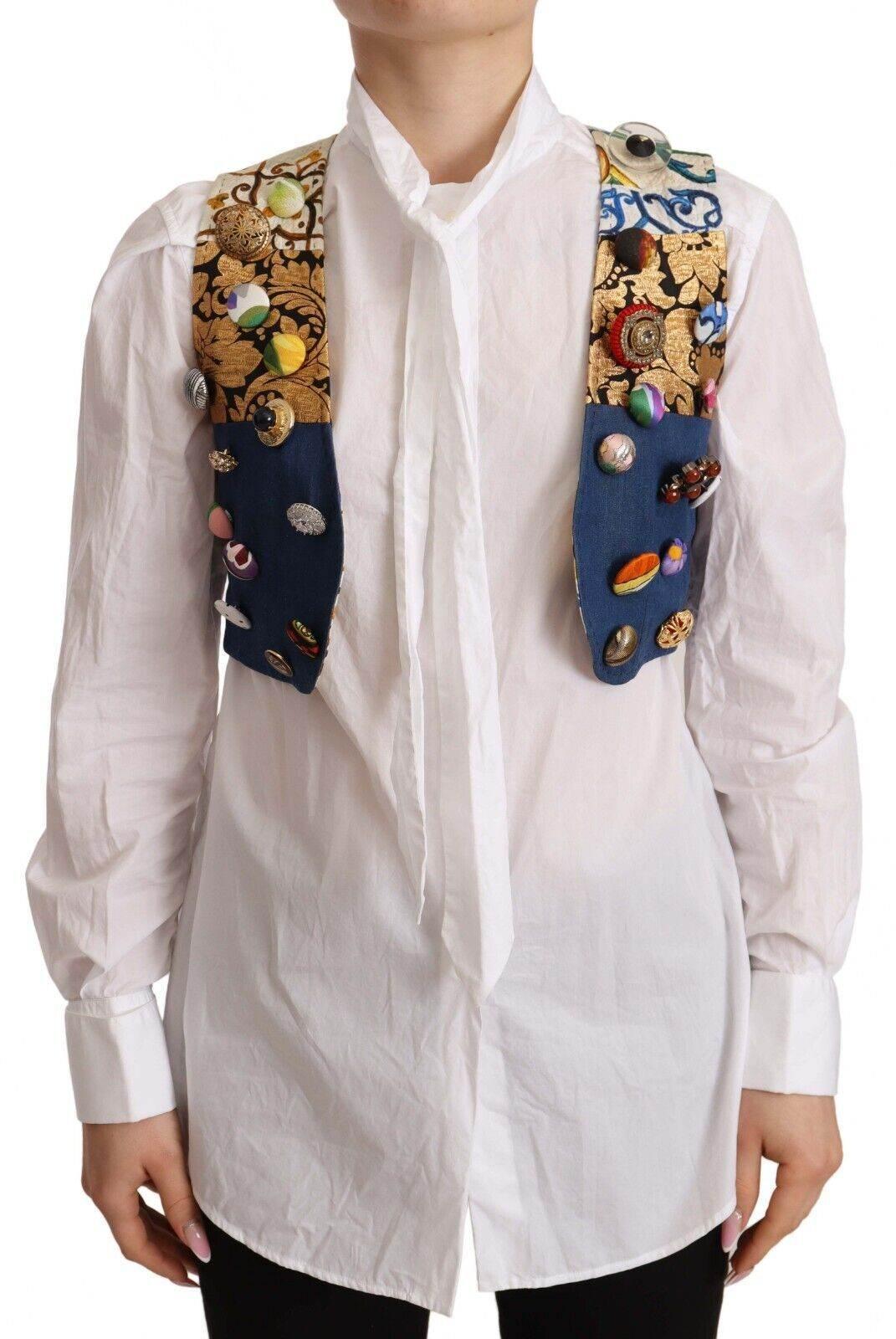 Dolce & Gabbana Multicolor Embellished Waist Coat Cotton Top - Hilstor