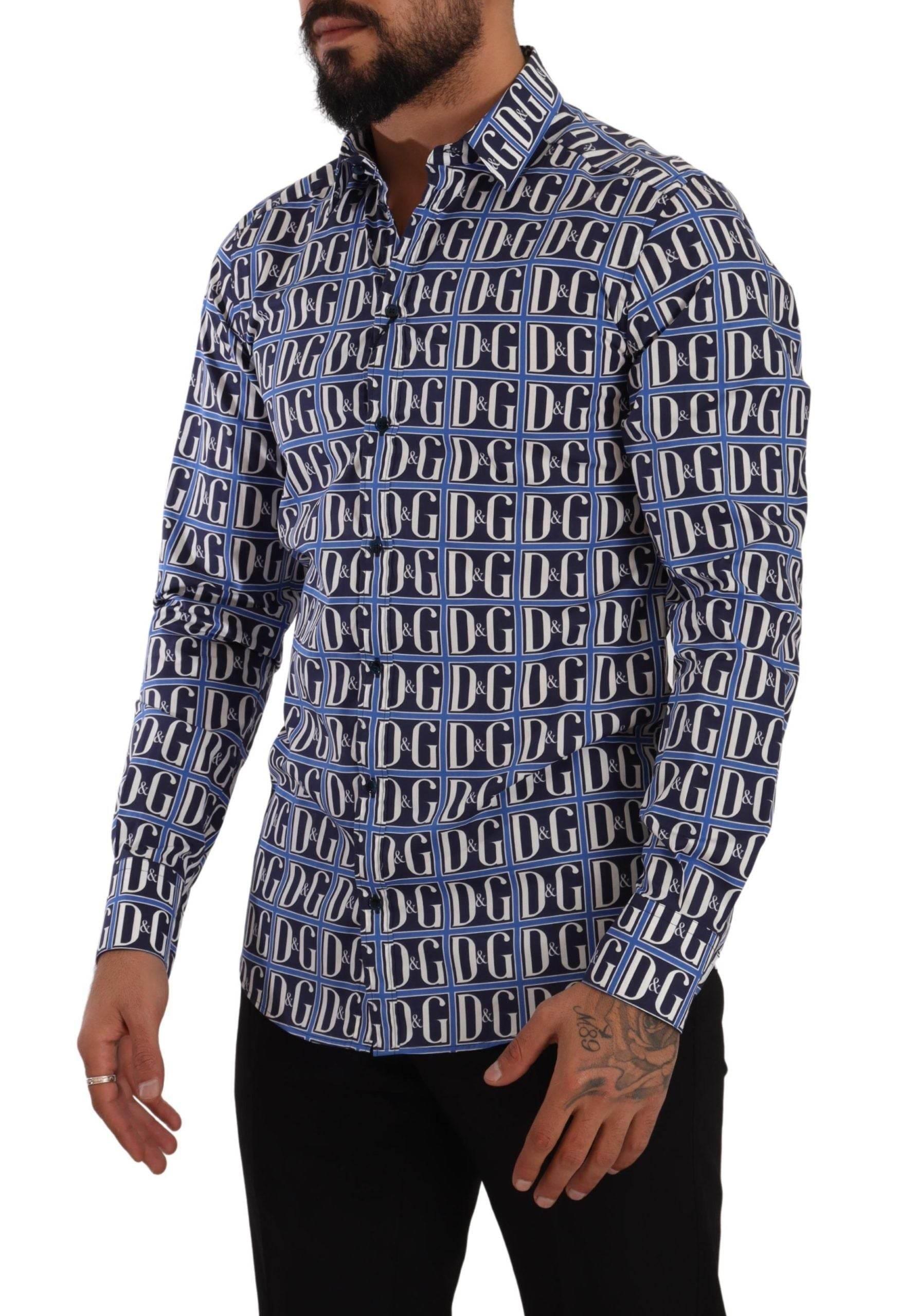 Dolce & Gabbana Slim Fit Blue Logo Cotton Shirt - Hilstor