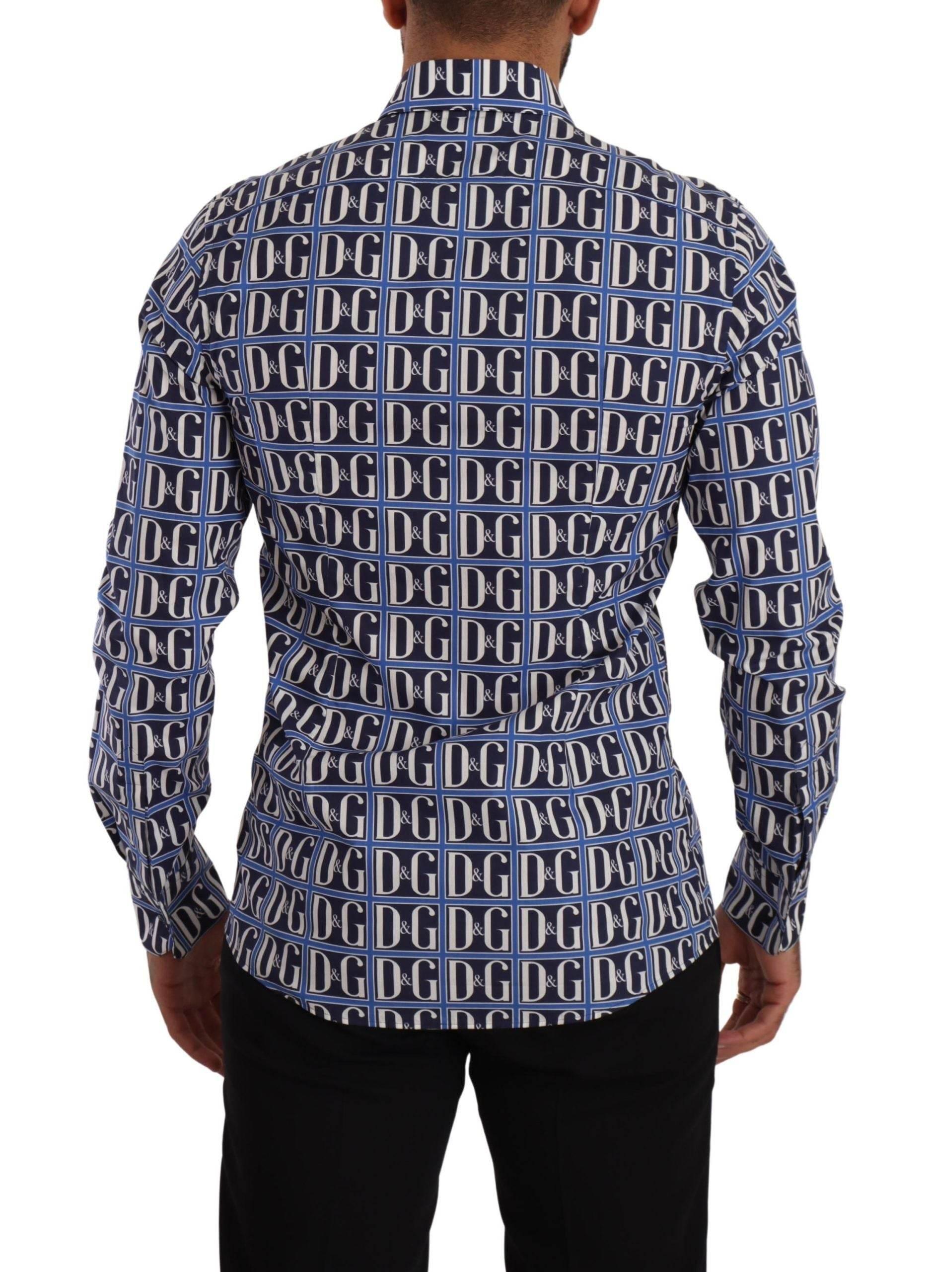 Dolce & Gabbana Slim Fit Blue Logo Cotton Shirt - Hilstor