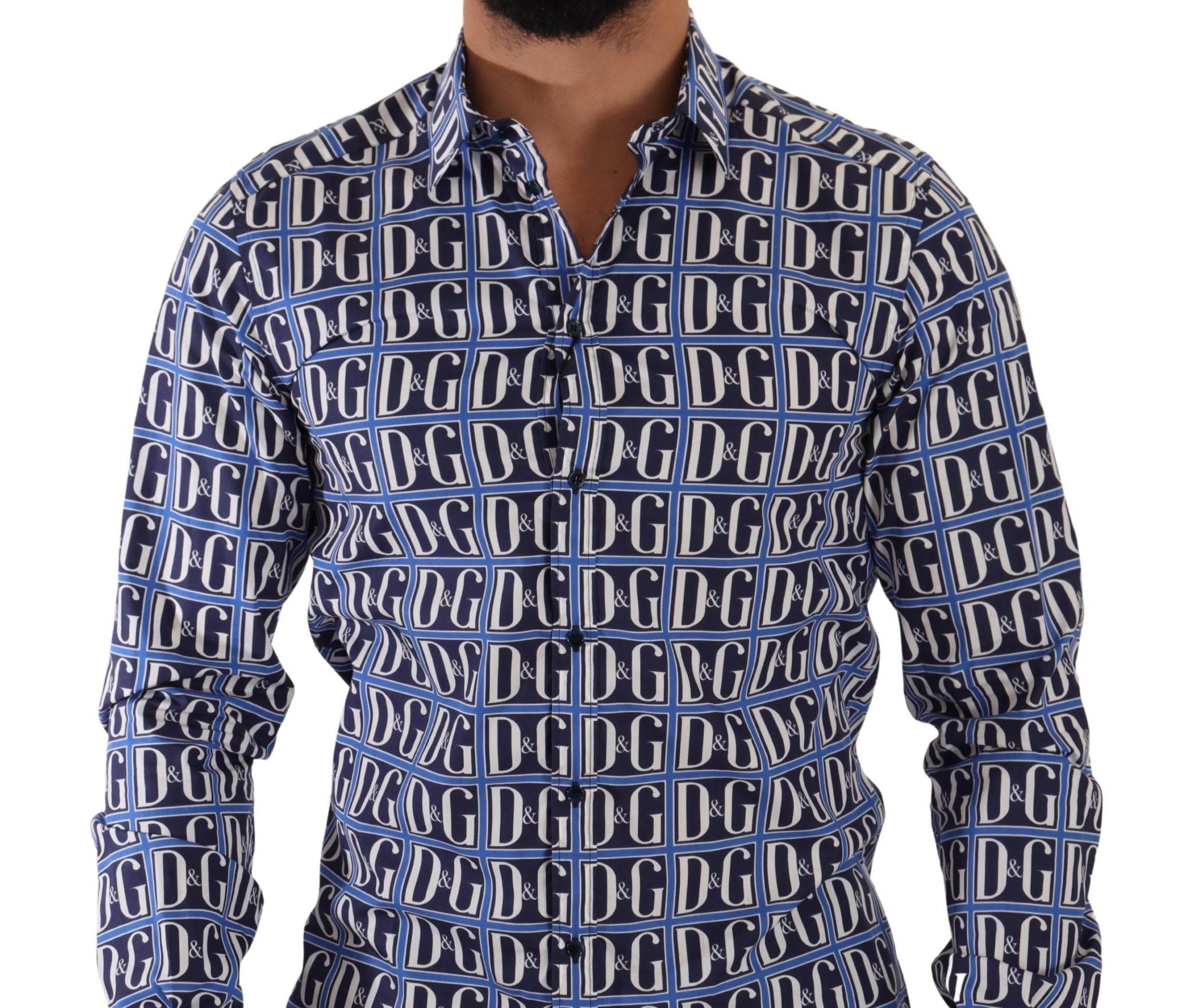 Dolce & Gabbana Slim Fit Blue Logo Cotton Shirt - Hilstor