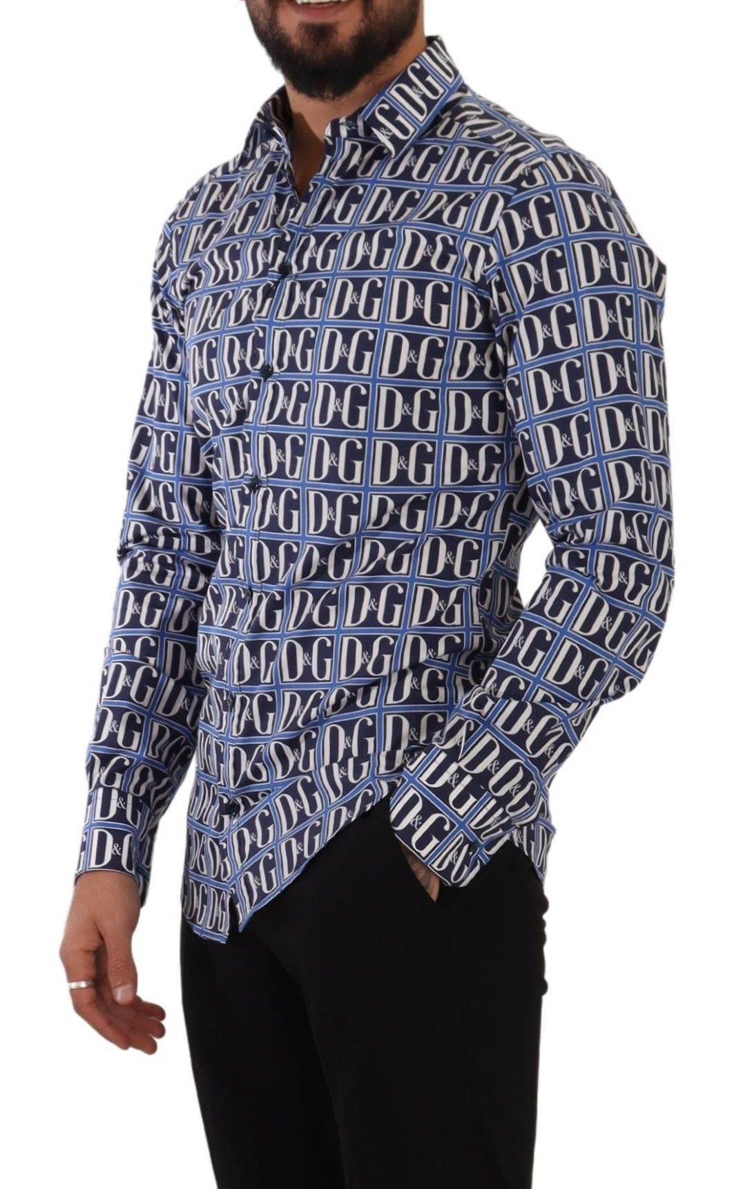 Dolce & Gabbana Slim Fit Blue Logo Cotton Shirt - Hilstor