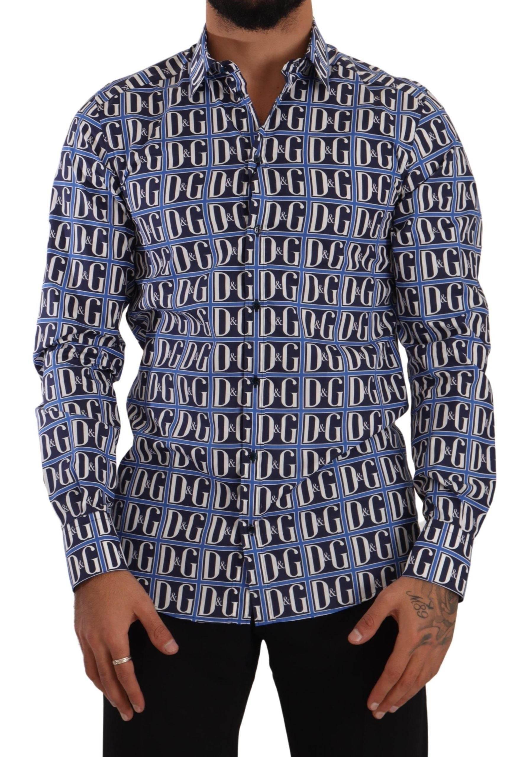 Dolce & Gabbana Slim Fit Blue Logo Cotton Shirt - Hilstor