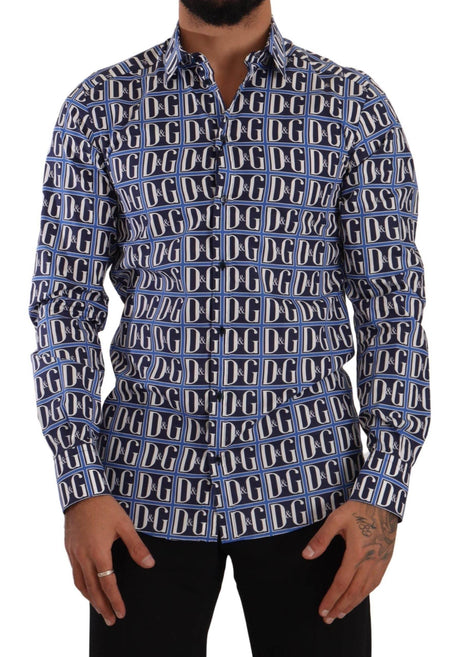 Dolce & Gabbana Slim Fit Blue Logo Cotton Shirt - Hilstor