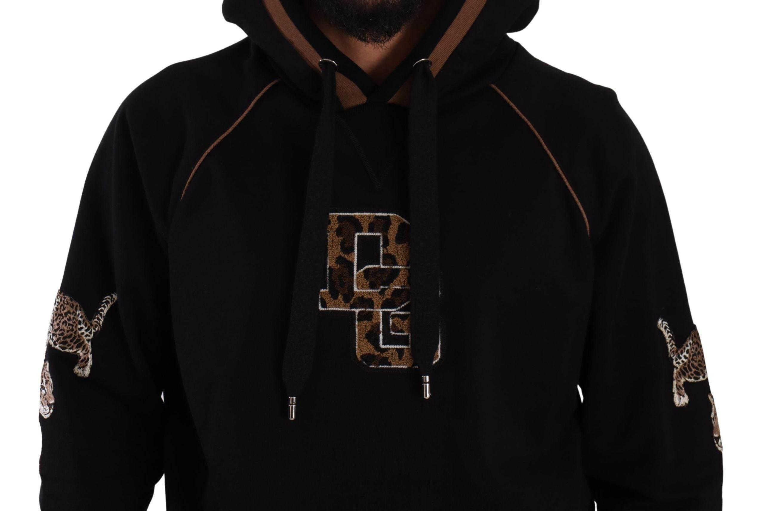 Dolce & Gabbana Black Brown Leopard Cotton Hooded Pullover Sweater - Hilstor