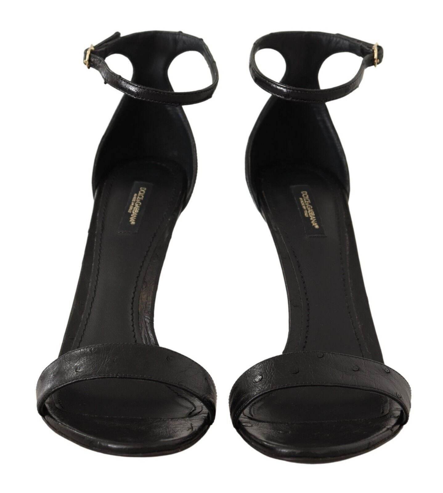 Dolce & Gabbana Black Ostrich Ankle Strap Heels Sandals Shoes - Hilstor