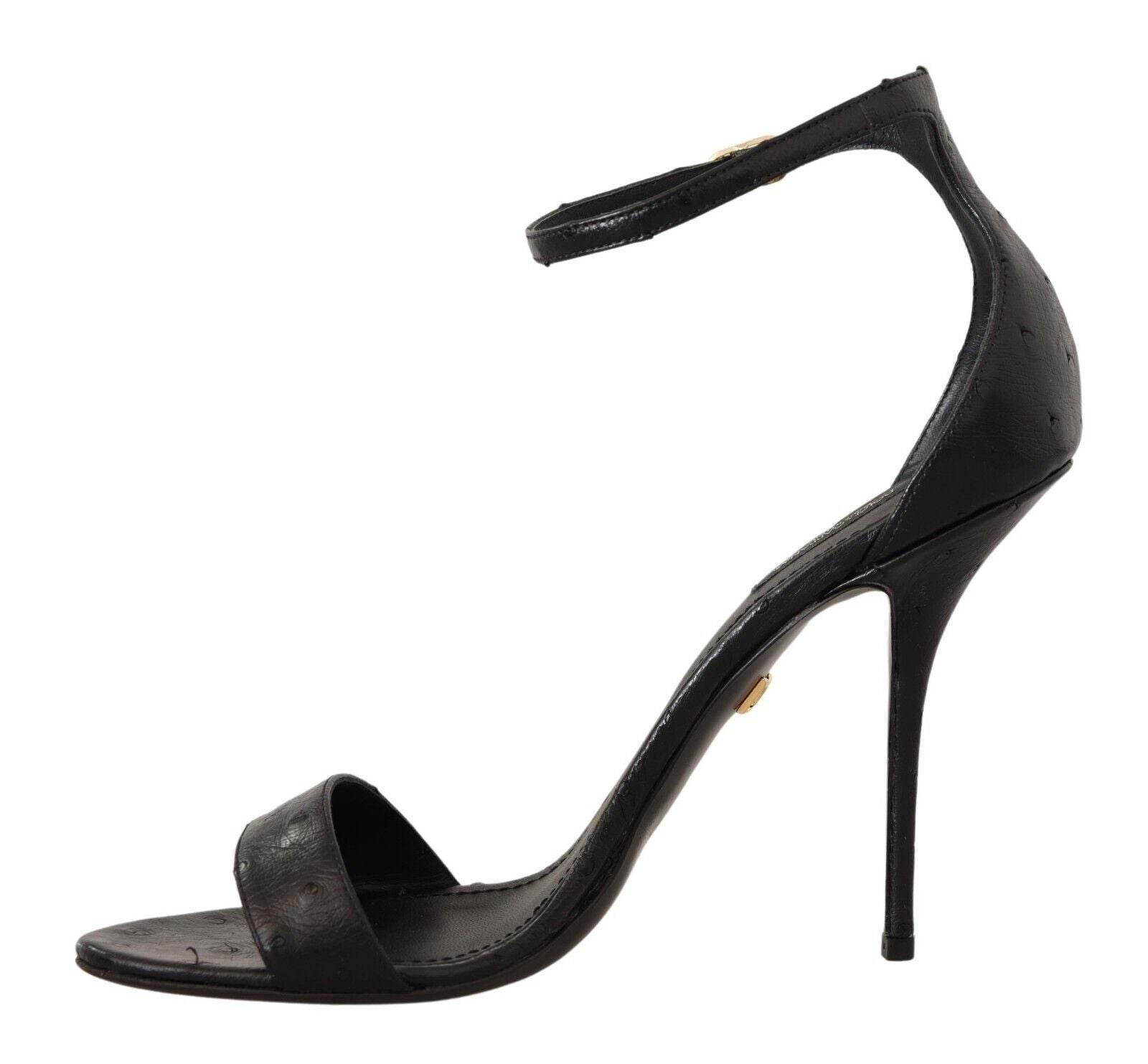 Dolce & Gabbana Black Ostrich Ankle Strap Heels Sandals Shoes - Hilstor