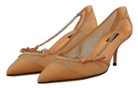 Dolce & Gabbana Elegant Beige Mesh Pumps with Silver Chains - Hilstor
