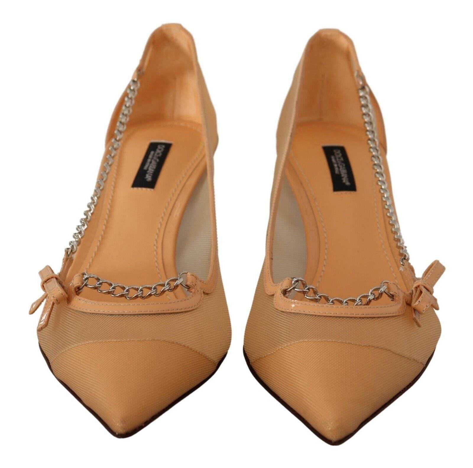 Dolce & Gabbana Elegant Beige Mesh Pumps with Silver Chains - Hilstor