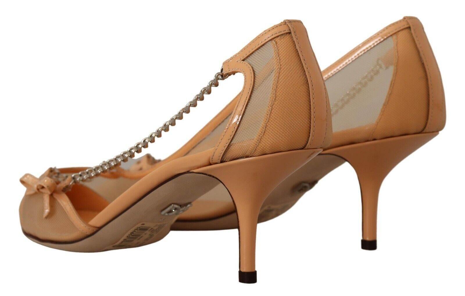 Dolce & Gabbana Elegant Beige Mesh Pumps with Silver Chains - Hilstor