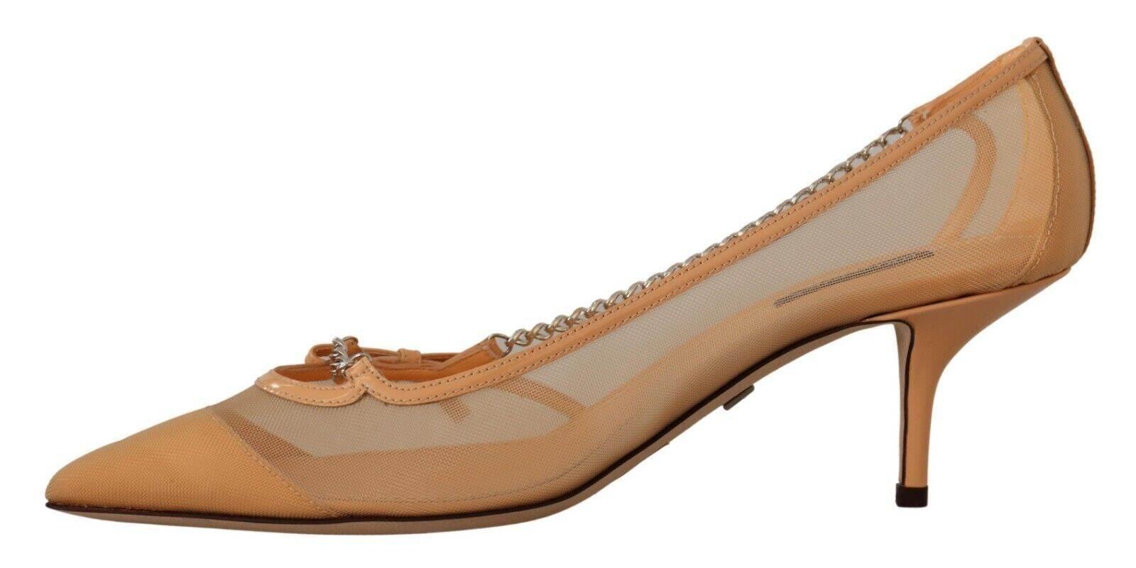 Dolce & Gabbana Elegant Beige Mesh Pumps with Silver Chains - Hilstor
