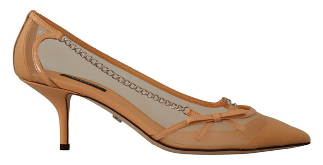 Dolce & Gabbana Elegant Beige Mesh Pumps with Silver Chains - Hilstor