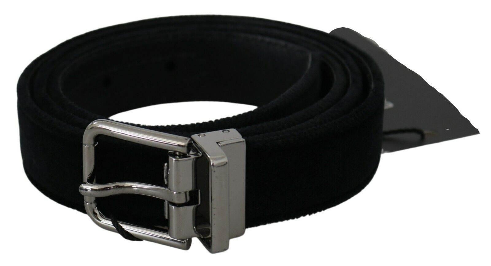 Dolce & Gabbana Black Velvet Leather Silver Buckle Belt - Hilstor