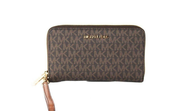 Michael Kors Jet Set Large Brown Signature PVC Flat Multifunction Wrist Wallet - Hilstor