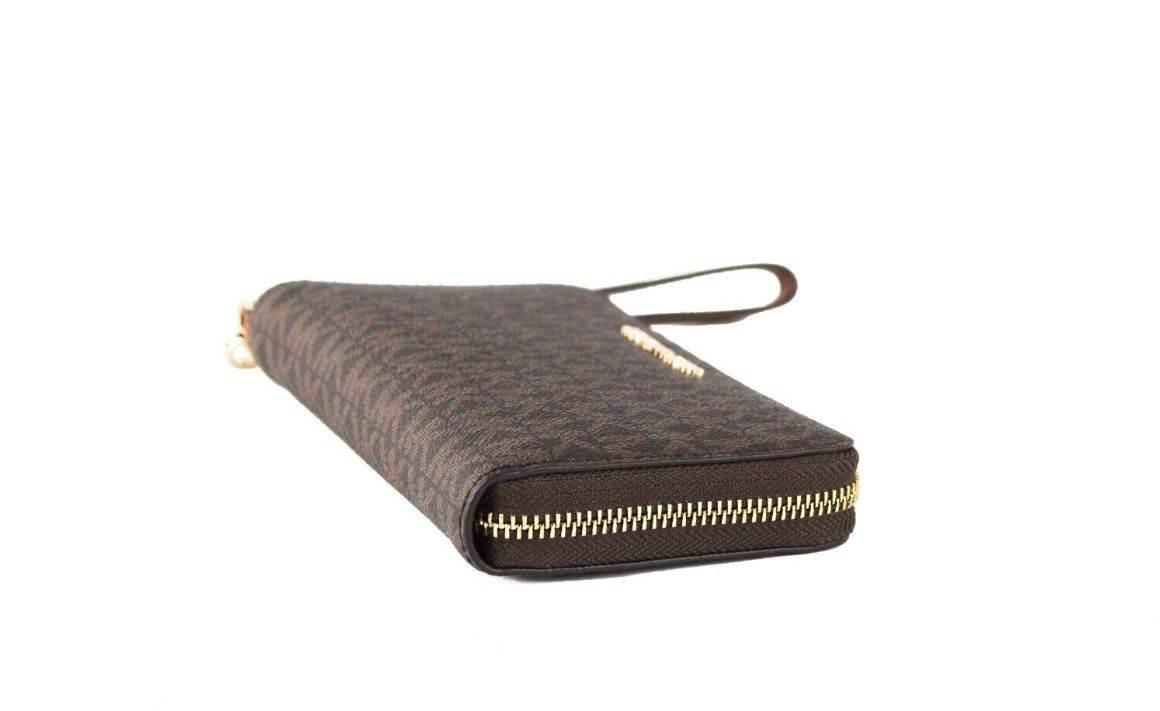 Michael Kors Jet Set Large Brown Signature PVC Flat Multifunction Wrist Wallet - Hilstor