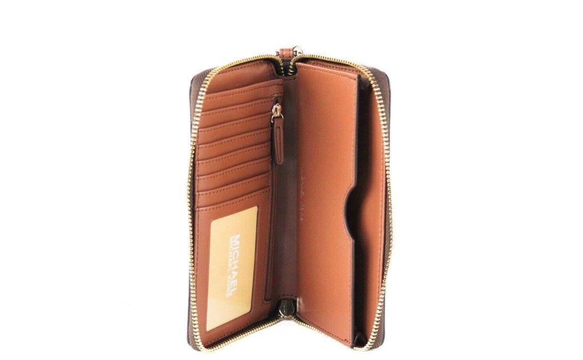 Michael Kors Jet Set Large Brown Signature PVC Flat Multifunction Wrist Wallet - Hilstor
