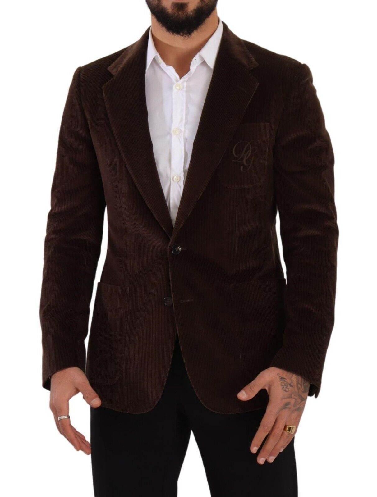 Dolce & Gabbana Brown Corduroy Slim Fit Coat DG Logo Blazer - Hilstor