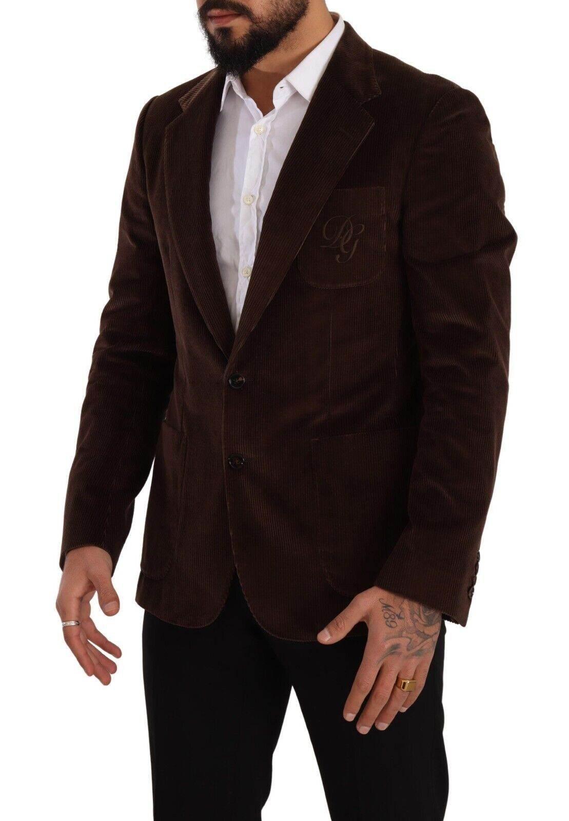 Dolce & Gabbana Brown Corduroy Slim Fit Coat DG Logo Blazer - Hilstor